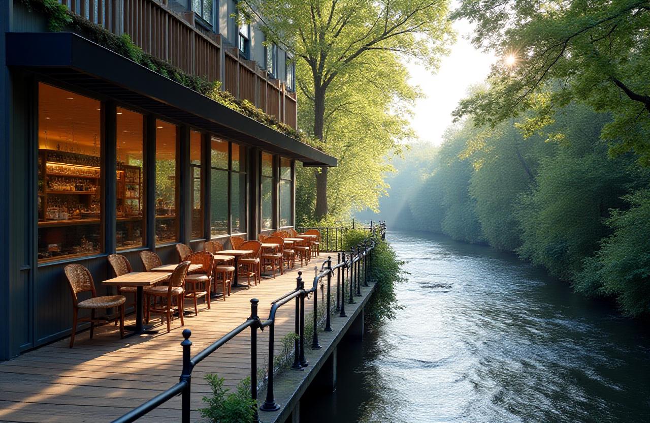 Cozy cafe terrace overlooking the river Dodder